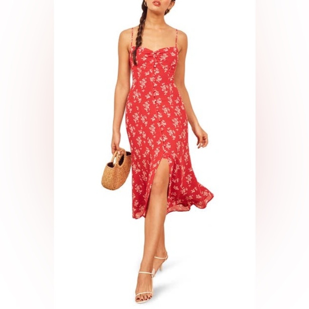 Reformation Cybill Floral Sweetheart Button-Up Midi Dress in Red